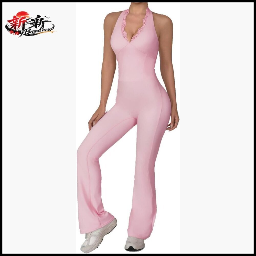Nylon Spandex Workout Jumpsuit with Halter Neck and Backless Design